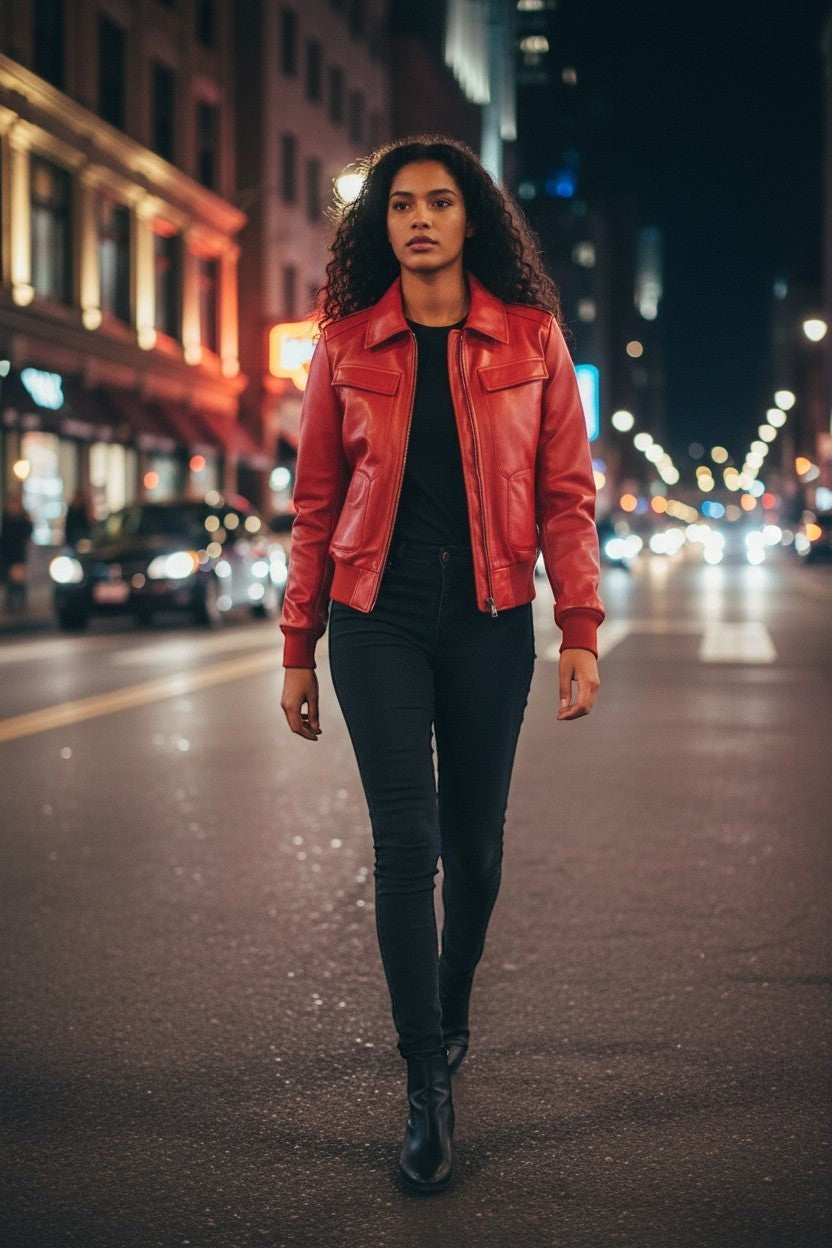 Scarlett Stitch women's vibrant red faux leather bomber jacket with ribbed collar, cuffs, and hem. Model wears black jeans and boots.