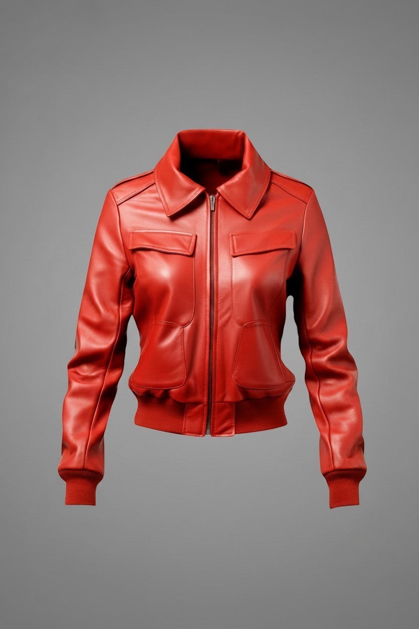 Scarlett Stitch women's red faux leather bomber jacket with ribbed collar, cuffs, and hem. Features zip front and four pockets.