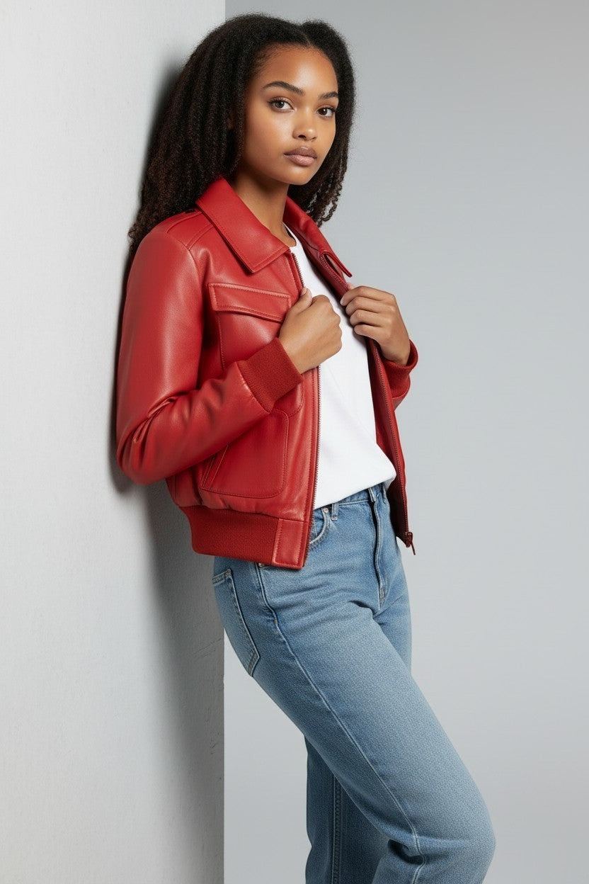 Scarlett Stitch women's red faux leather bomber jacket with ribbed collar, cuffs, and hem. Features chest flap pockets and side welt pockets.