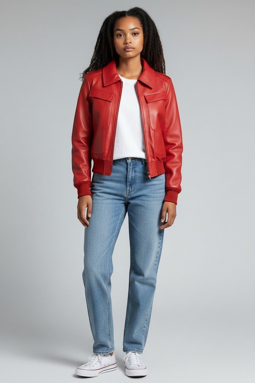 Scarlett Stitch women's red faux leather bomber jacket with ribbed collar, cuffs, and hem. Features chest flap pockets.