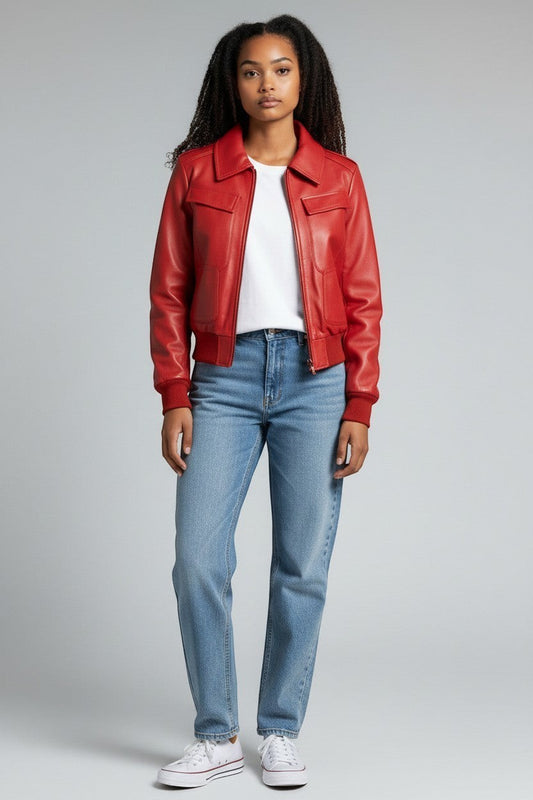 Scarlett Stitch women's red faux leather bomber jacket with ribbed collar, cuffs, and hem. Features chest flap pockets.