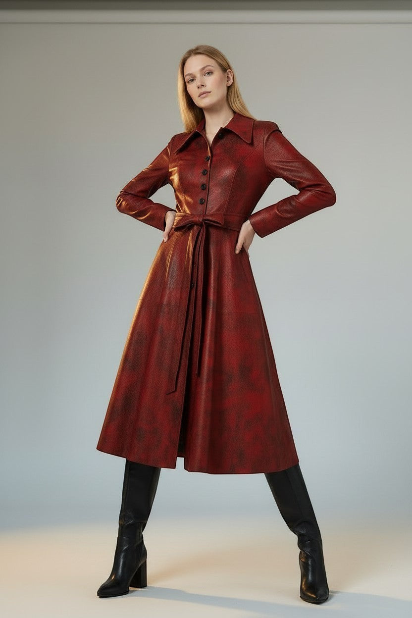Scarlett Stitch red faux leather midi dress with distressed finish, pointed collar, button front, and tie belt.