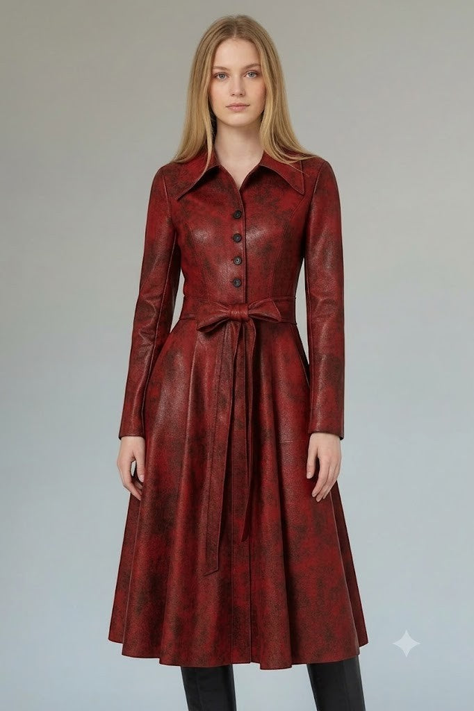 Scarlett Stitch red faux leather midi dress with distressed finish, pointed collar, button front, and tie waist.