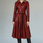 Scarlett Stitch red faux leather midi dress with distressed finish, pointed collar, button front, and matching belt.