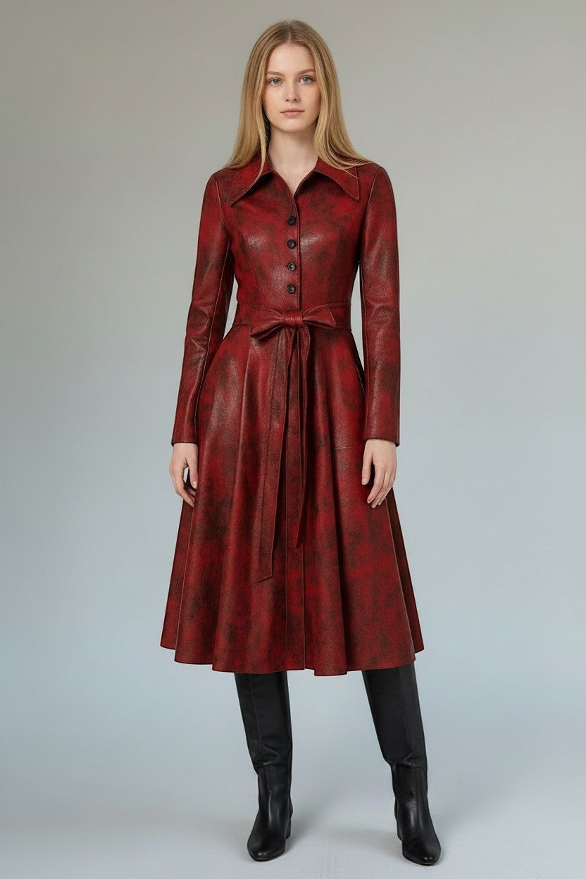 Scarlett Stitch red faux leather midi dress with distressed finish, pointed collar, button front, and matching belt.