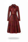Scarlett Stitch deep red faux leather midi dress with distressed finish, pointed collar, button front, and tie belt.