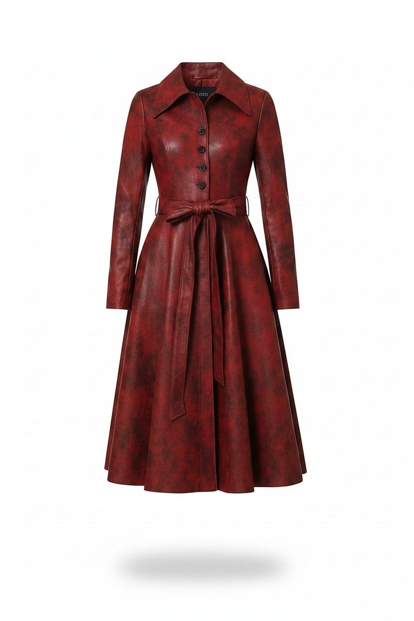 Scarlett Stitch deep red faux leather midi dress with distressed finish, pointed collar, button front, and tie belt.