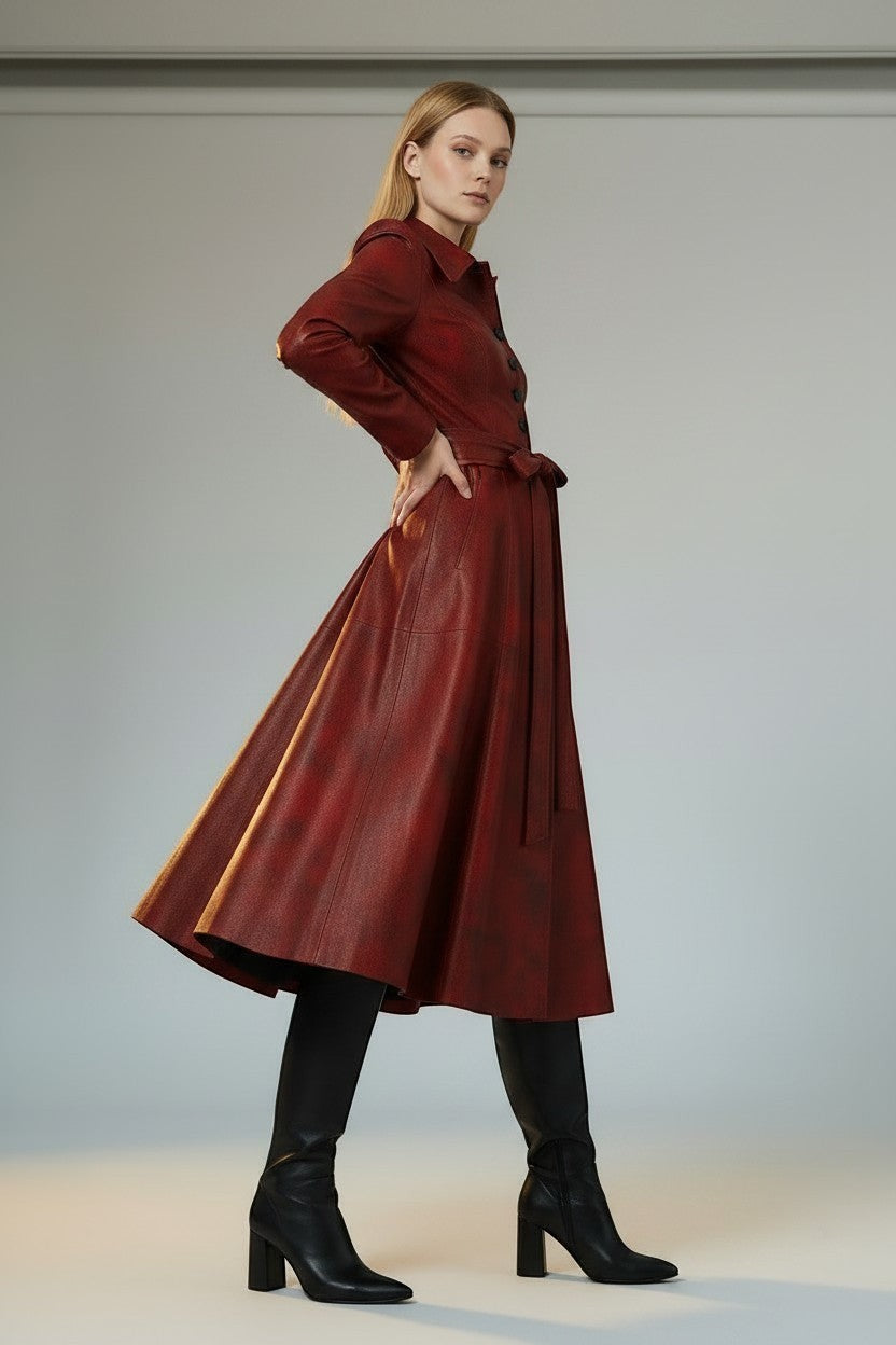 Scarlett Stitch deep red faux leather midi dress with a distressed finish, pointed collar, button front, and belt.