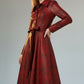 Scarlett Stitch red faux leather midi dress with distressed finish, pointed collar, button-down front, and matching belt.