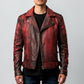 Scarlett Stitch Men's distressed red faux leather moto jacket with asymmetrical zip and ribbed detailing.