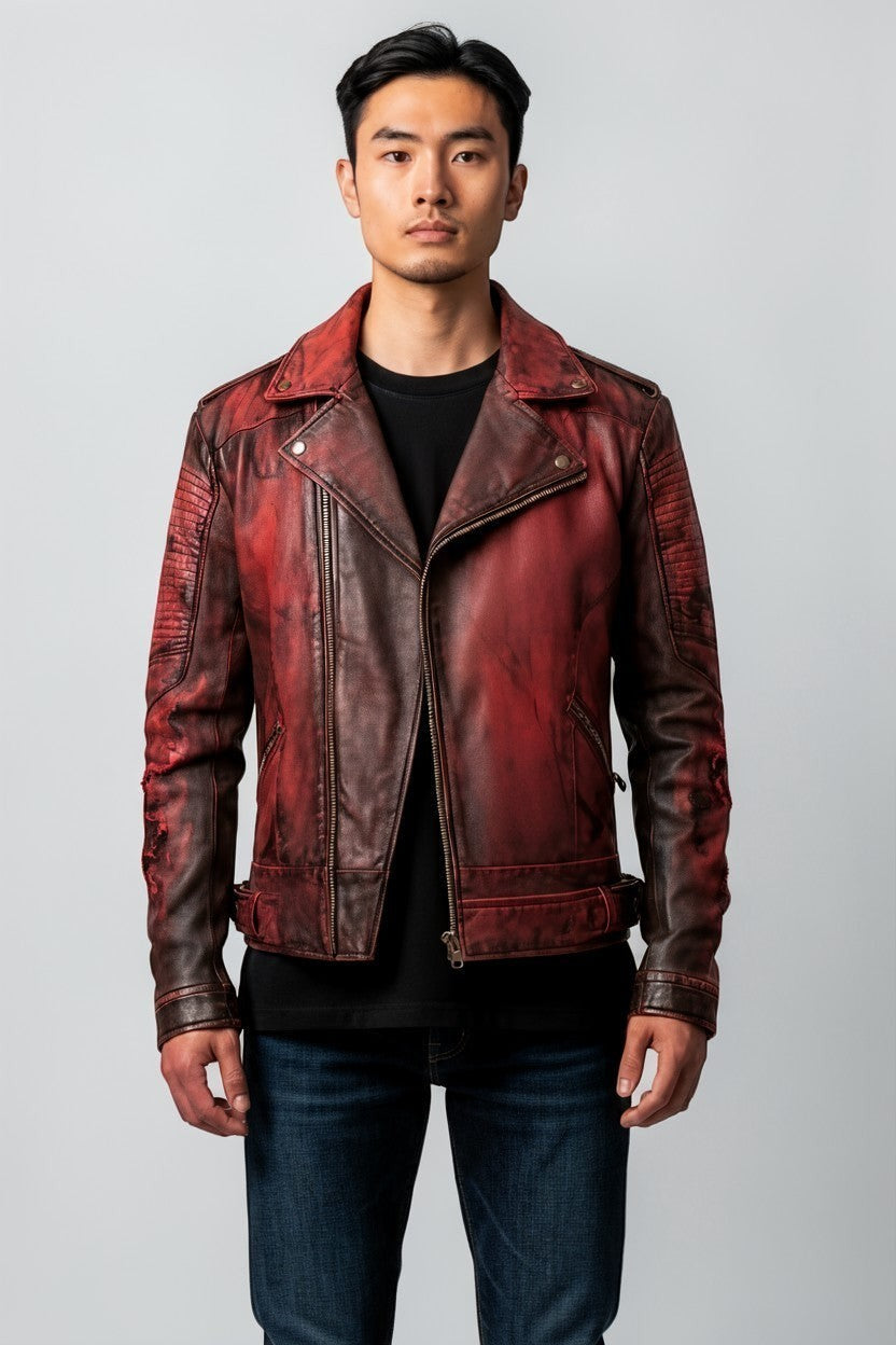 Scarlett Stitch Men's distressed red faux leather moto jacket with asymmetrical zip and ribbed detailing.