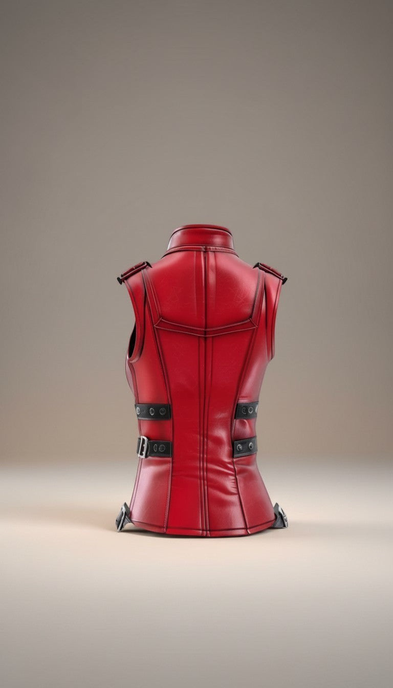 Scarlett Stitch women's red faux leather moto vest with buckle accents and black detailing.