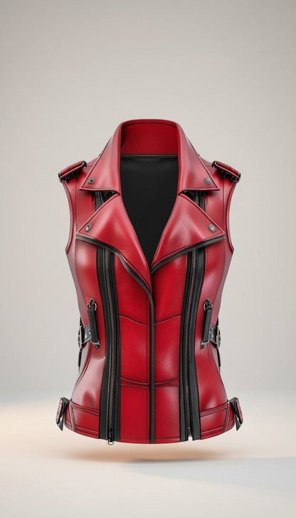 Scarlett Stitch women's red faux leather moto vest with buckle accents and black zippers. Fitted silhouette.