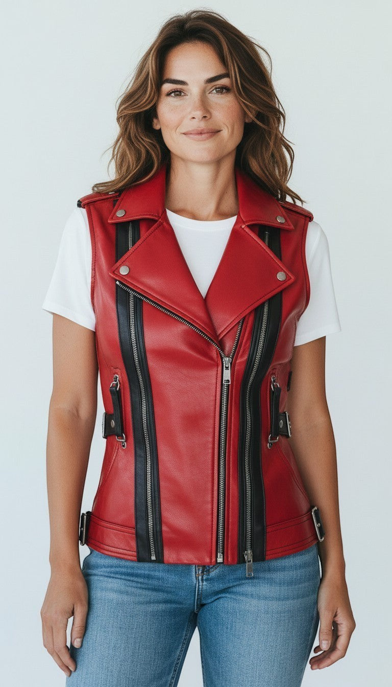 Scarlett Stitch women's red faux leather moto vest with black accents, buckle details, and notched lapel.