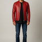 Scarlett Stitch Men's red faux leather motorcycle jacket with stand-up collar and zip pockets.