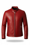 Scarlett Stitch Men's red faux leather motorcycle jacket with stand-up collar and zippered pockets.