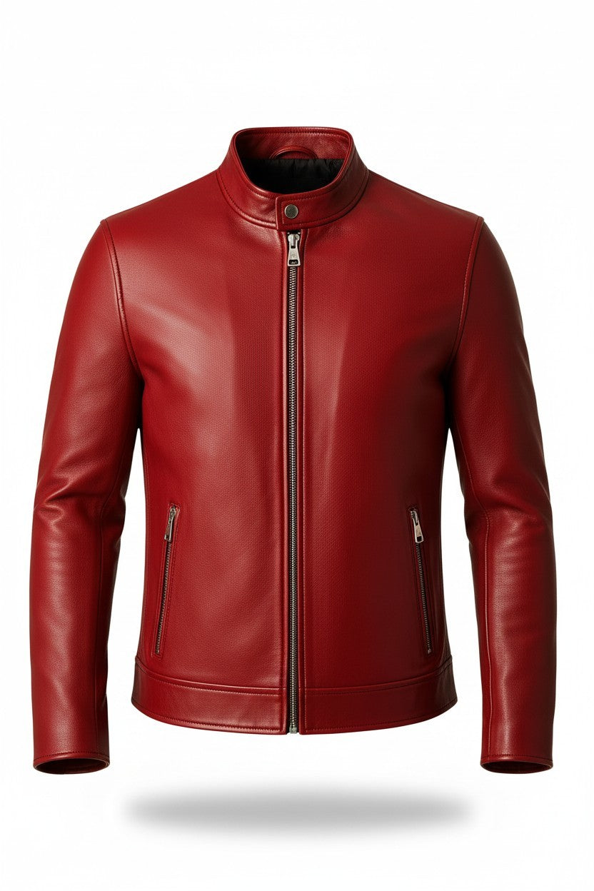 Scarlett Stitch Men's red faux leather motorcycle jacket with stand-up collar and zippered pockets.