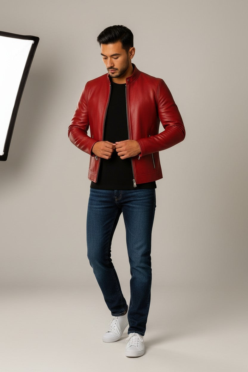 Scarlett Stitch men's red faux leather motorcycle jacket with stand-up collar and zippered pockets.