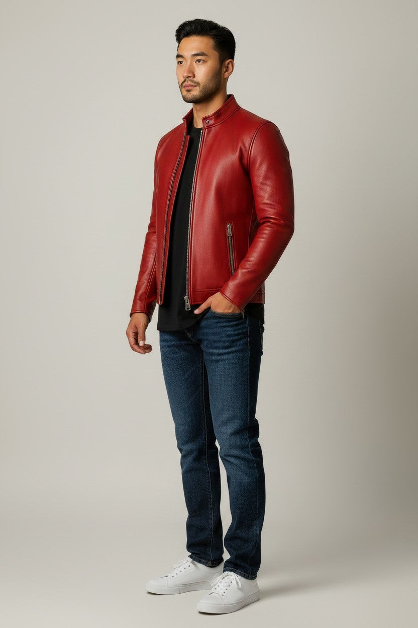 Scarlett Stitch men's red faux leather motorcycle jacket with stand-up collar and zip pockets.