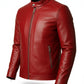 Scarlett Stitch men's red faux leather motorcycle jacket with stand-up collar and zippered pockets.