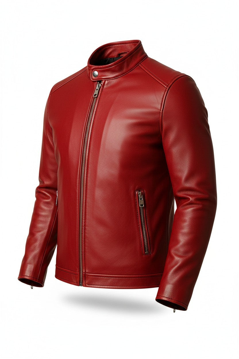 Scarlett Stitch men's red faux leather motorcycle jacket with stand-up collar and zippered pockets.