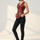 Scarlett Stitch deep red faux leather peplum vest with V-neck, button front, belt, and peplum hem.