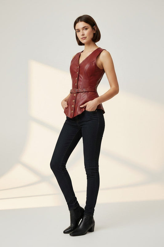 Scarlett Stitch deep red faux leather peplum vest with V-neck, button front, belt, and peplum hem.