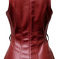 Scarlett Stitch deep red faux leather peplum vest with V-neck, button front, and belt. Sleeveless with peplum hem.