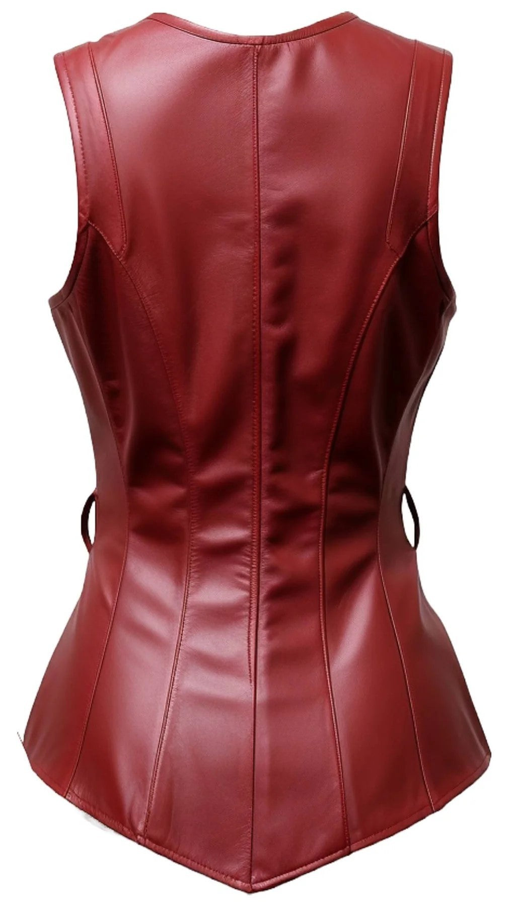 Scarlett Stitch deep red faux leather peplum vest with V-neck, button front, and belt. Sleeveless with peplum hem.