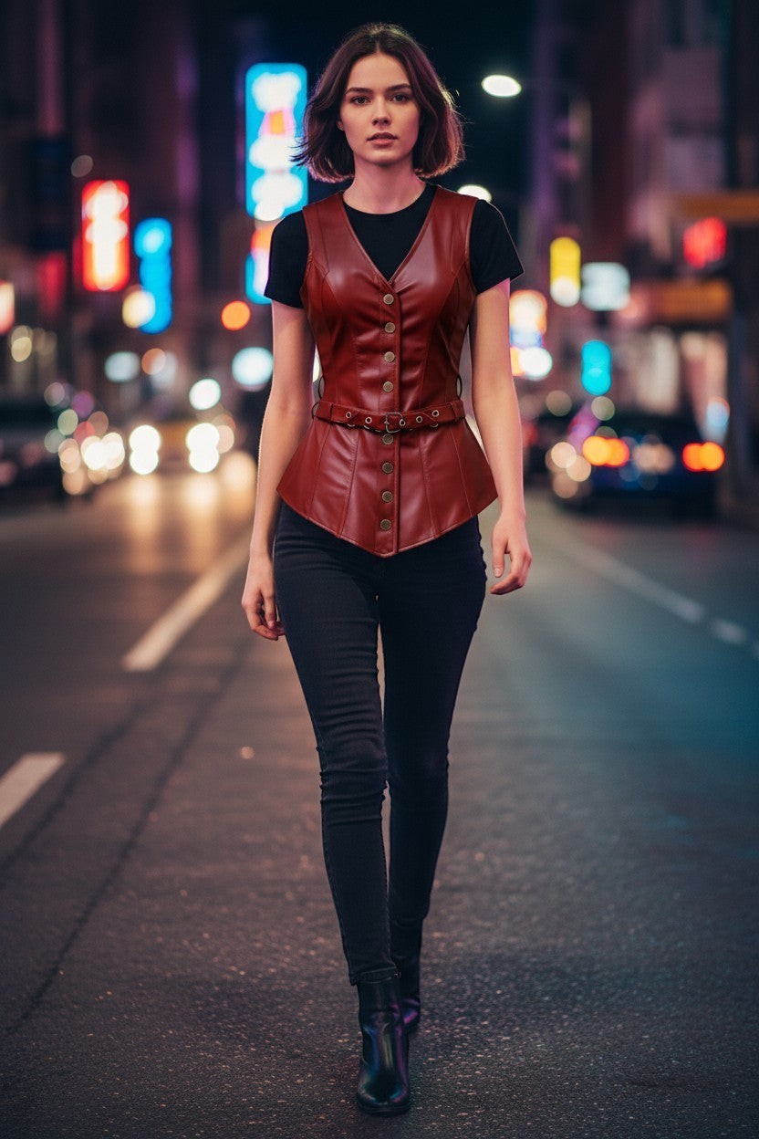 Scarlett Stitch deep red faux leather peplum vest with V-neck, antique brass buttons, and belt. Sleeveless.