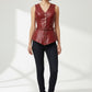 Scarlett Stitch deep red faux leather peplum vest with V-neck, button front, belt, and peplum hem.