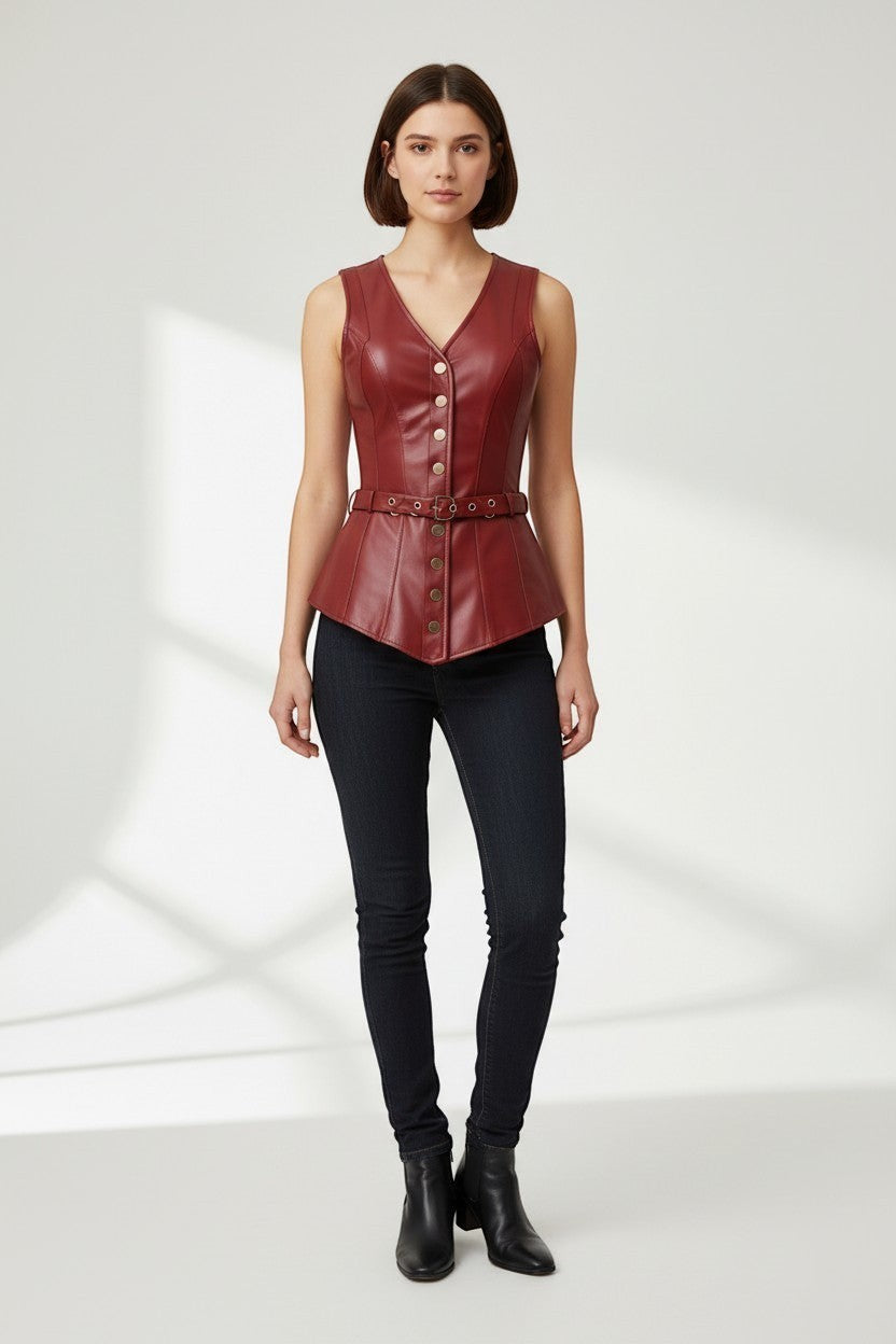Scarlett Stitch deep red faux leather peplum vest with V-neck, button front, belt, and peplum hem.