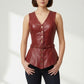 Scarlett Stitch deep red faux leather peplum vest with V-neck, brass buttons, belt, and peplum hem.