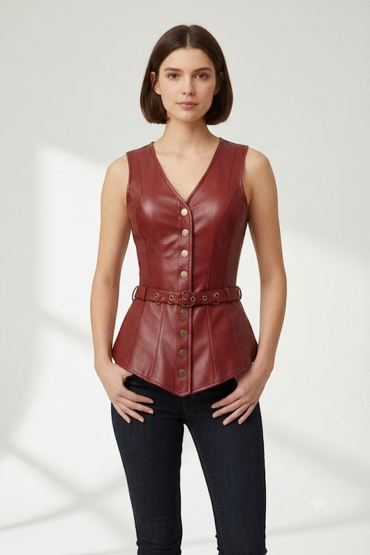 Scarlett Stitch deep red faux leather peplum vest with V-neck, brass buttons, belt, and peplum hem.