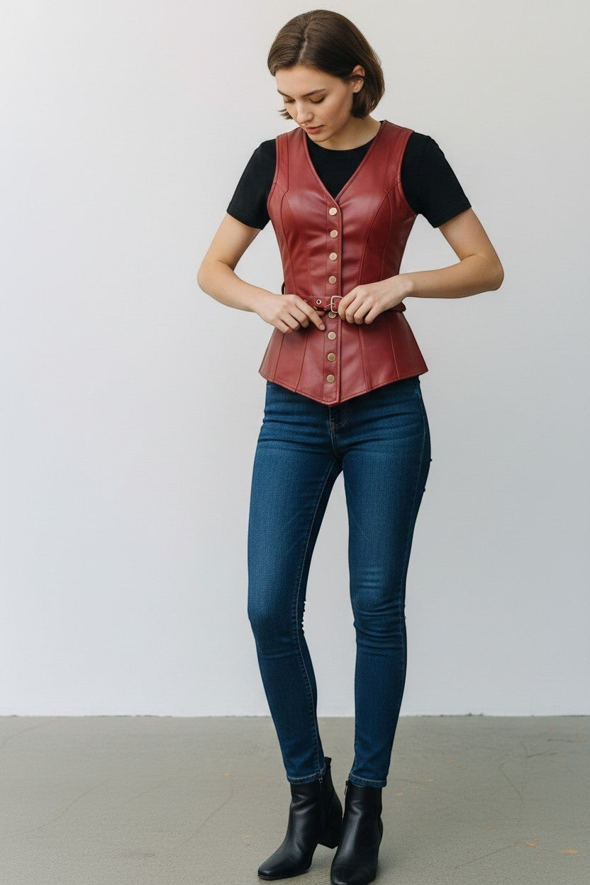 Scarlett Stitch deep red faux leather peplum vest with V-neck, button front, belt, and peplum hem.