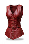 Scarlett Stitch deep red faux leather peplum vest with V-neck, antique brass buttons, belted waist, and peplum hem.
