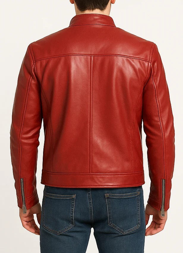 Back view of a man wearing a Scarlett Stitch red real leather biker jacket with zippered cuffs and a tailored fit.