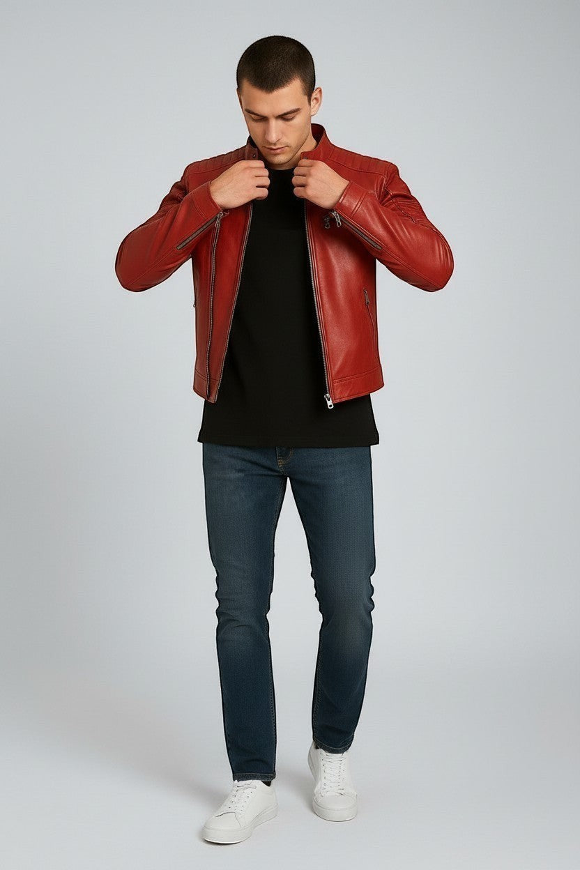 Scarlett Stitch red leather biker jacket with quilted shoulders and metal zippers worn by a man in jeans