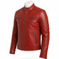 Scarlett Stitch red leather biker jacket with cafe racer collar, quilted shoulder detailing, and metal zip pockets.