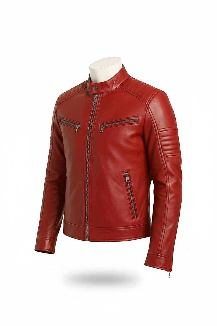 Scarlett Stitch red leather biker jacket with cafe racer collar, quilted shoulder detailing, and metal zip pockets.