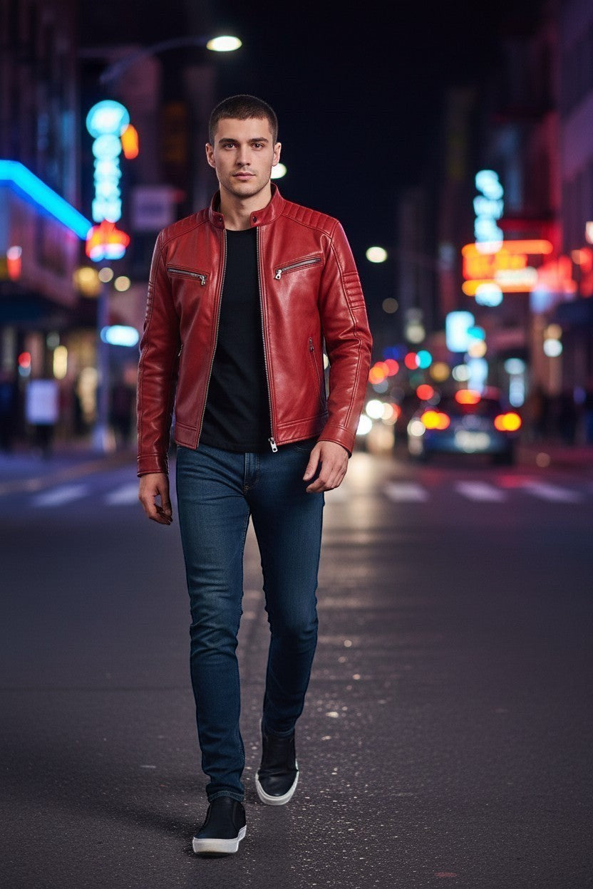 Scarlett Stitch red leather biker jacket with quilted shoulders and metal zippers worn by a man on a city street.
