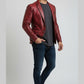 Scarlett Stitch Men's distressed red leather blazer jacket with a two-button closure and notched lapels.