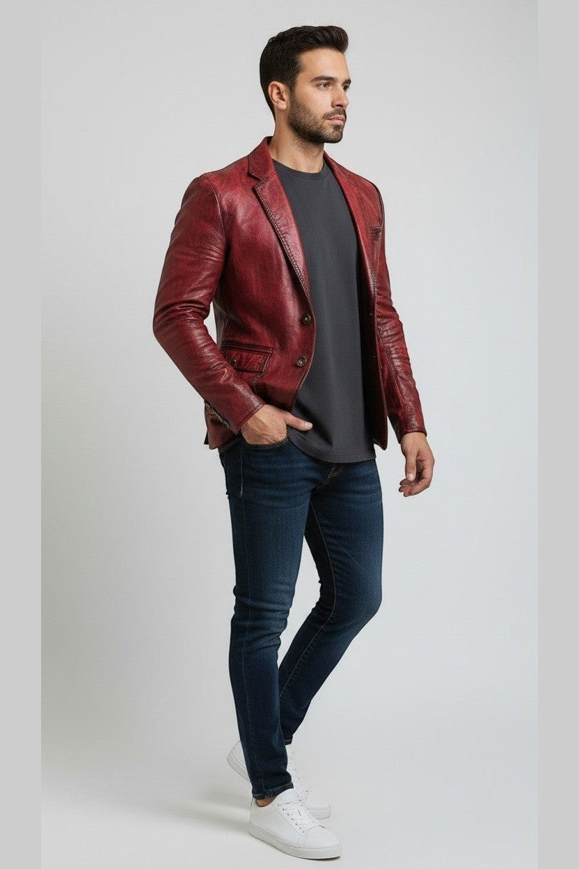 Scarlett Stitch Men's distressed red leather blazer jacket with a two-button closure and notched lapels.