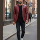 Scarlett Stitch Men's distressed red leather blazer jacket with notched lapels and two-button closure.