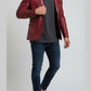 Scarlett Stitch Men's distressed red leather blazer jacket with notched lapels and two-button closure.