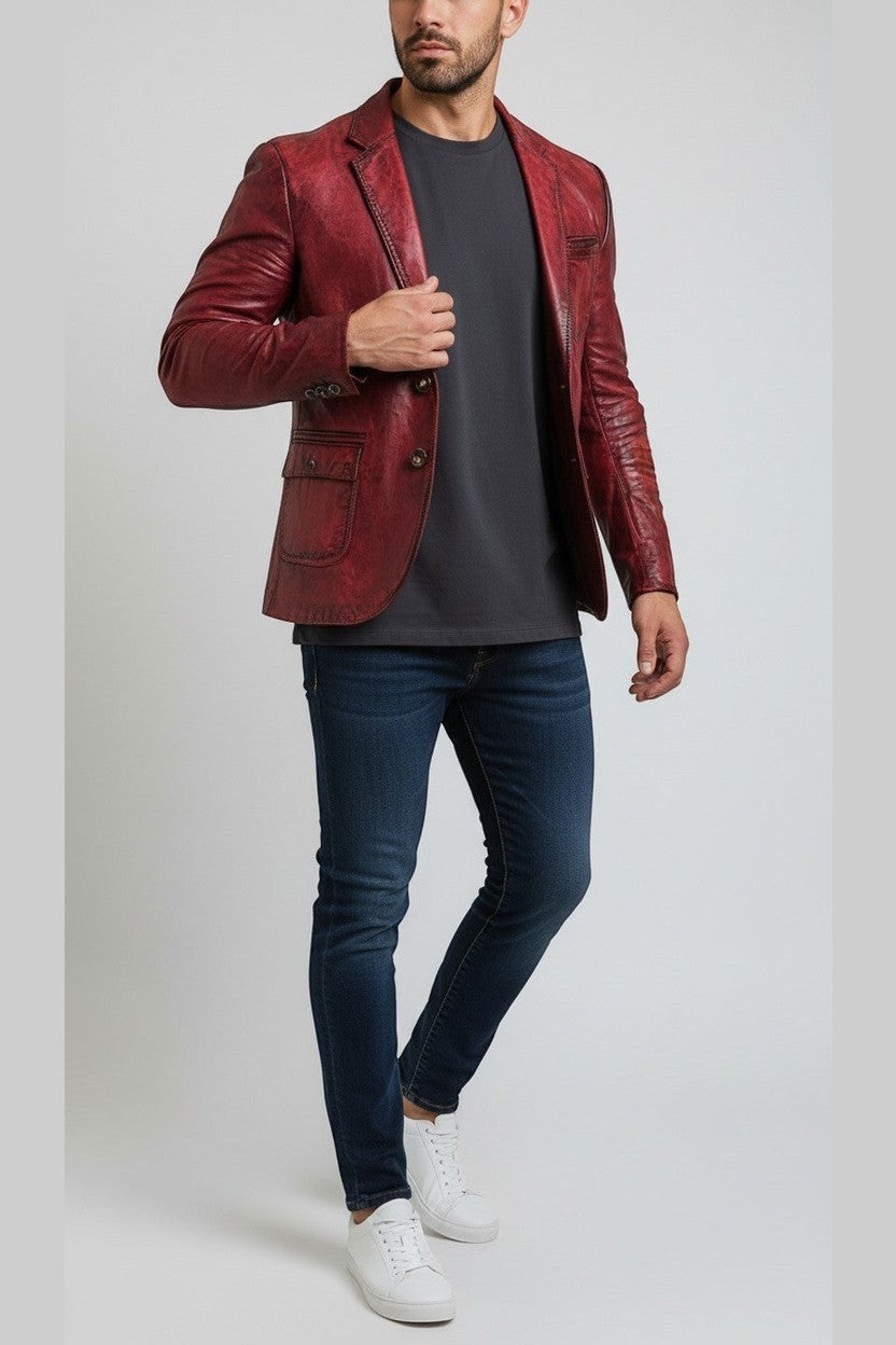 Scarlett Stitch Men's distressed red leather blazer jacket with notched lapels and two-button closure.