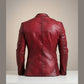 Scarlett Stitch Men's distressed red leather blazer jacket with a tailored fit and classic two-button closure.