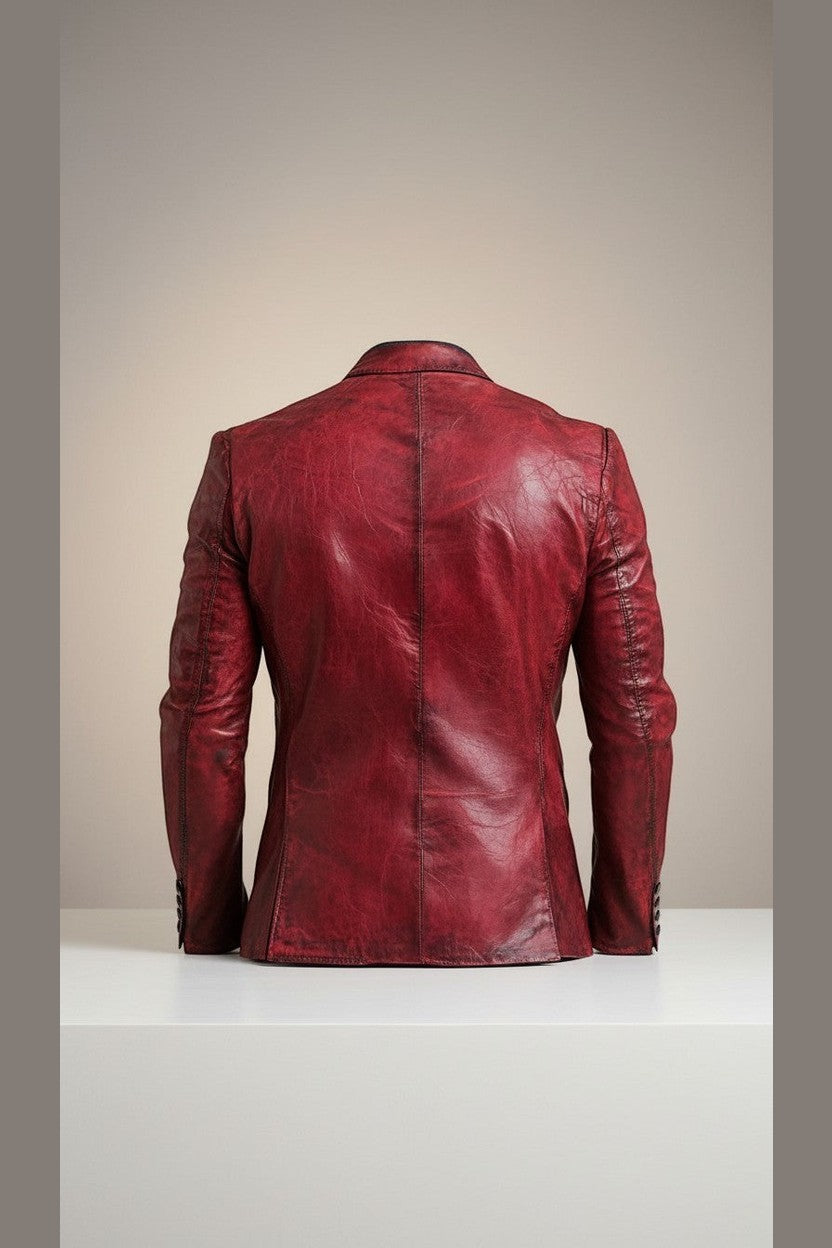Scarlett Stitch Men's distressed red leather blazer jacket with a tailored fit and classic two-button closure.