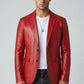 Scarlett Stitch men's red leather blazer with notch lapels and single-button closure worn over a white t-shirt.