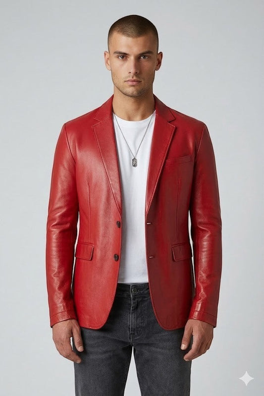 Scarlett Stitch men's red leather blazer with notch lapels and single-button closure worn over a white t-shirt.